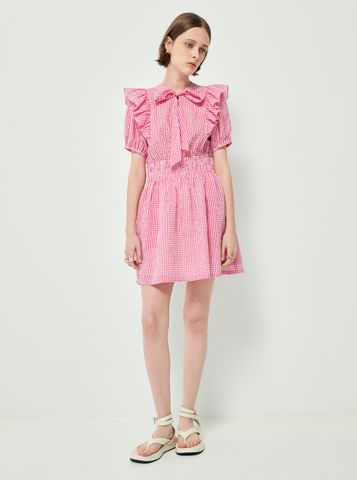 Đầm caro có dây thắt nơ dáng xòe màu hồng