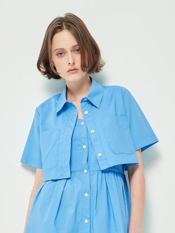 Áo sơ mi croptop tay ngắn màu xanh